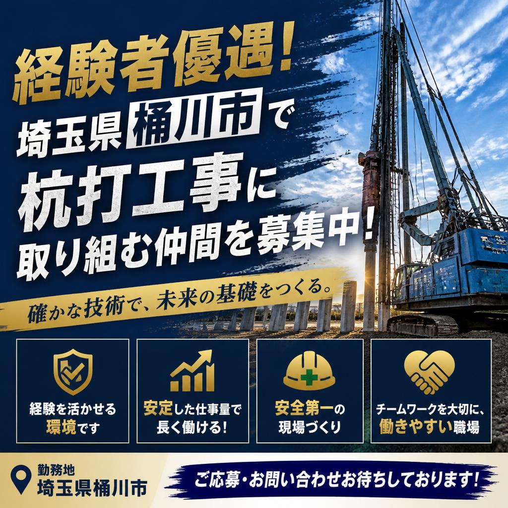 経験者優遇！埼玉県桶川市で杭打工事に取り組む仲間を募集中！