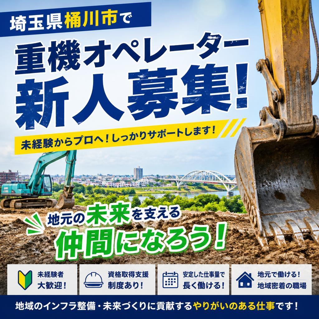埼玉県桶川市で重機オペレーター新人募集！地元の未来を支える仲間になろう！